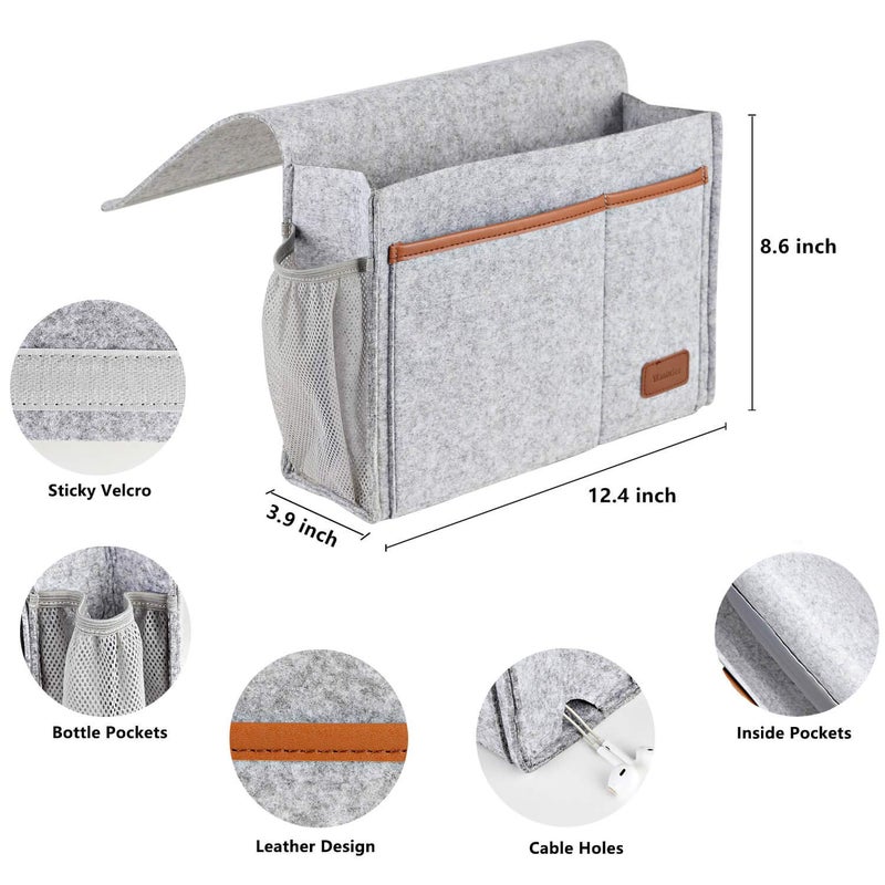 WantuSee Bedside Caddy, Felt Bed Storage Organizer Hanging Bag Holder with 5 Pockets, Magazine Book Phone Tablet iPad Cables Remote and Water Bottle Holder for Home Dorm Bed Sofa, Light Gray - Image 4